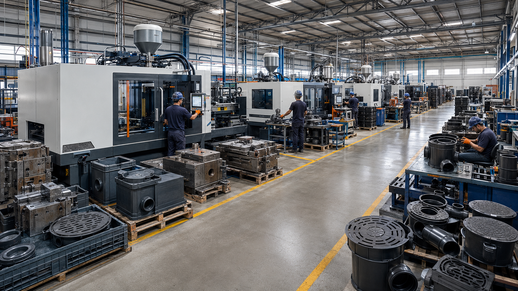 Parque industrial Ponteiras Brec: linha de injeção com moldes e componentes hidrossanitários